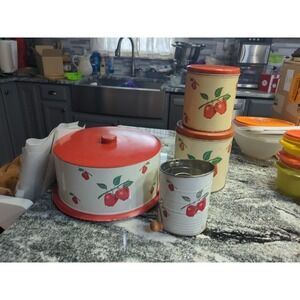 Lot Vintage Decoware Metal Apple Cake Carrier 2 Canisters Flour Sifter Apple Dec